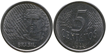 Бразилия 5 сентаво 1994 KM 632, Schon 141 нержавеющая сталь 4519-626