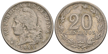 Аргентина 20 сентаво 1940 голова свободы влево KM 36, CJ 87, Schon 39 медно-никель    60-917