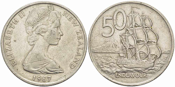 Новая Зеландия 50 центов 1967 Елизавета II (1952-2022), парусник Индевор KM 37.1 медно-никель 4557-332