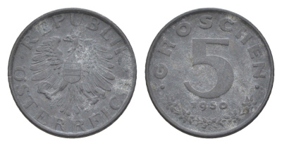 Австрия 5 грошей 1950 KM 2875 цинк 4567-145