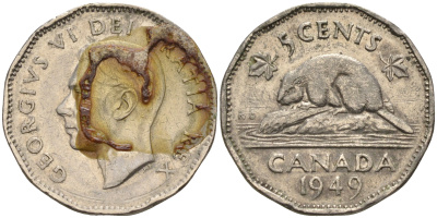 Канада 5 центов 1949 бобр, Георг VI (1937-1952) KM 42 никель  4148-1215