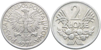 ПОЛЬША 2 ЗЛОТЫХ 1974 MW KM 46 алюминий 113-416