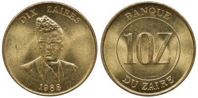 Заир 10 заиров 1988 Мобуту Сесе Секо KM 19 латунь UNC M52-04