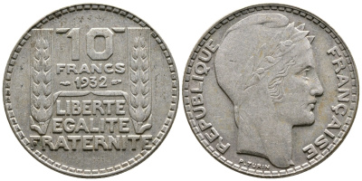 Франция 10 франков 1932 Пьер Тюрен KM 878, Le Franc 360.5 серебро 93-237