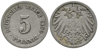 ГЕРМАНИЯ 5 ПФЕННИГОВ 1890 J KM 11, J. 12 медно-никель 39-634
