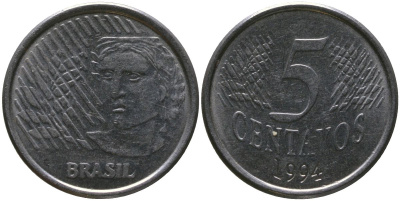 Бразилия 5 сентаво 1994 KM 632, Schon 141 нержавеющая сталь 4519-626