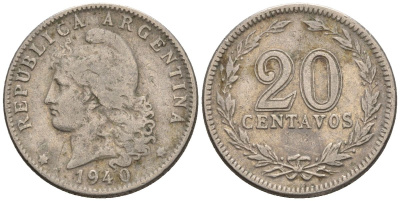 Аргентина 20 сентаво 1940 голова свободы влево KM 36, CJ 87, Schon 39 медно-никель    60-917