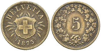 Швейцария 5 раппенов 1873 B KM 5 серебро 4189-767