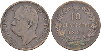 Италия 10 чентезимо 1894 B/I, Умберто I (1878-1900) KM 27.1 медь 4526-1024