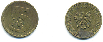 Польша 5 злотых 1976 монетный двор Ленинград (ЛМД) KM 81.1, Parchimowicz 221b латунь 83-256