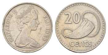 Фиджи 20 центов 1969 Елизавета II (1952-2022), китовый зуб KM 31 медно-никель 4667-536
