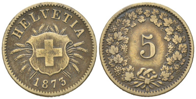 Швейцария 5 раппенов 1873 B KM 5 серебро 4189-767