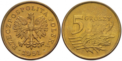 ПОЛЬША 5 ГРОШЕЙ 1991 MW KM 278 латунь UNC 4516-1153