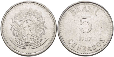 Бразилия 5 крузадо 1987 реформа (1986-1989) KM 606 нержавеющая сталь 31-1253