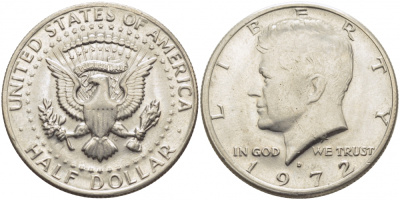 США 1/2 доллара (50 центов) 1972 d, Джон Кеннеди KM 202b медь плакированная медно-никелем UNC 109-741