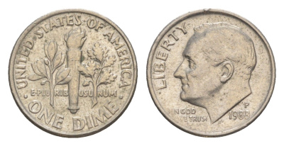 США 1 дайм (10 центов) 1988 P, президент Рузвельт KM 195a медь плакированная медно-никелем 4649-1253