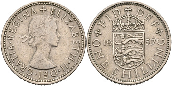 Великобритания 1 шиллинг 1957 Елизавета II (1952-2022), Английский герб KM 904, Spink 4147 медно-никель 4573-841