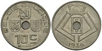 Бельгия 10 сантимов 1939 Belgie - Belgique KM 113 никель латунь 4121-624