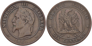 ФРАНЦИЯ 10 САНТИМОВ 1861 K, НАПОЛЕОН III (1852-1870) KM 798.3, LA FRANC 134.4 бронза 97-1231