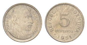 Аргентина 5 сентаво 1951 генерал Хосе де Сан Мартин KM 46 медно-никель 4664-155