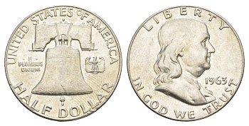 США 1/2 доллара (50 центов) 1963 Бенджамин Франклин, колокол KM 199 серебро  aUNC  4574-923