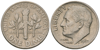 США 10 центов (дайм) 1967 Рузвельт KM 195a медь плакированная медно-никелем 3458-332