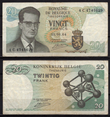 Бельгия 20 франков 1964 Бодуэн I; Атомиум, Брюссель Pick 138 (3) бумага 7548-113-4-2