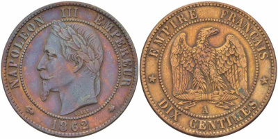 ФРАНЦИЯ 10 САНТИМОВ 1862 A, НАПОЛЕОН III (1852-1870) KM 798.1, LE FRANC 134.5 бронза 441-1225