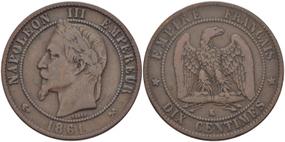 ФРАНЦИЯ 10 САНТИМОВ 1861 K, НАПОЛЕОН III (1852-1870) KM 798.3, LA FRANC 134.4 бронза 97-1231