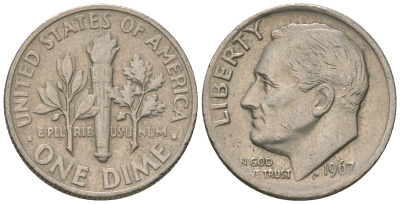 США 10 центов (дайм) 1967 Рузвельт KM 195a медь плакированная медно-никелем 3458-332