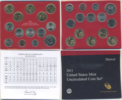США полный годовой набор из 14 монет (1, 5, 10 (дайм) и 25 (квотер) центов; 1/2 (50 центов) и 1 доллар) 2011 D, в оригинальной упаковке с сертификатами KM 468, 381, 195a, A202b, 494, 495, 496, 497, 498, 499, 500, 501, 502 и 503 UNC 8-2-06-37