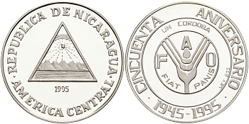 Никарагуа 1 кордоба 1995 50 лет FAO, тираж 2200 экз KM 87 серебро PROOF 1074-8-34