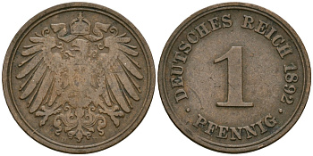 Германия 1 пфенниг 1892 D, Вильгельм II (1888-1918) KM 10, J. 10 медь 4608-127