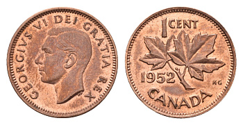 Канада 1 цент 1952 Георг VI (1936-1952), кленовый лист KM 41 бронза UNC 75-1621
