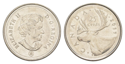Канада 25 центов 2011 Leaf, Елизавета II (1952-2022), олень KM 2296 сталь плакированная никелем aUNC 4631-731