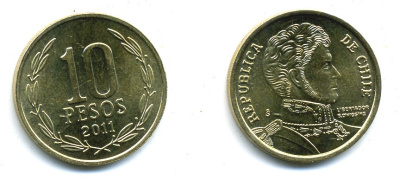 ЧИЛИ 10 ПЕСО 2011 ГЕНЕРАЛ БЕРНАРДО О ХИГГИНС KM 228.2 никель-бронза 37-1124