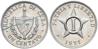 Куба 1 сентаво 1971 звезда, республика (1962-2018) KM 33.1 алюминий UNC 4516-234