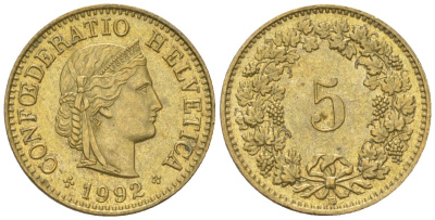 Швейцария 5 раппенов 1992 B KM 26c алюминиевая бронза aUNC 4617-1221