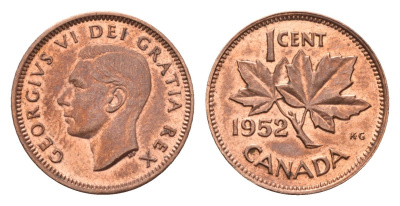 Канада 1 цент 1952 Георг VI (1936-1952), кленовый лист KM 41 бронза UNC 75-1621