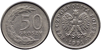 ПОЛЬША 50 ГРОШЕЙ 1991 MW KM 281 медно-никель 4381-962