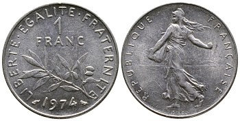 ФРАНЦИЯ 1 ФРАНК 1974 СЕЯТЕЛЬ KM 925.1 никель 51-243