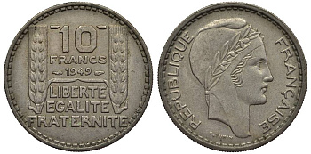 Франция 10 франков 1949 тип Пьер Турин, Petite Tete KM 909.1, LE FRANC 362.6 медно-никель 27-833
