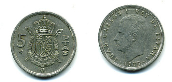 ИСПАНИЯ 5 ПЕСЕТ 1975 (76) ХУАН КАРЛОС I KM 807 медно-никель 25-2042