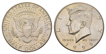 США 1/2 доллара (50 центов) 1999 D, Джон Кеннеди KM A202b медь плакированная медно-никелем aUNC 4512-1222