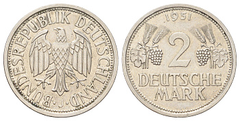 ФРГ 2 марки 1951 J, год-тип KM 111, J. 386 медно-никель 4127-1645