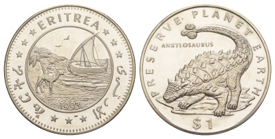 Эритрея 1 доллар 1993 Берегите планету Земля - Анкилозавр KM 13 медно-никель BU 1521-1133