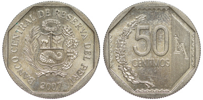 Перу 50 сентимо 2007 KM 307.4 медно-никель aUNC 4605-334