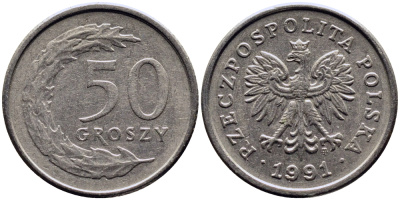 ПОЛЬША 50 ГРОШЕЙ 1991 MW KM 281 медно-никель 4381-962