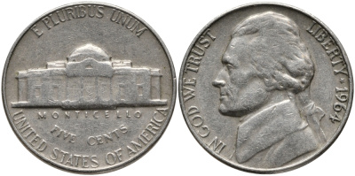 США 5 ЦЕНТОВ 1964 ДЖЕФФЕРСОН KM A192 медно-никель 4390-737