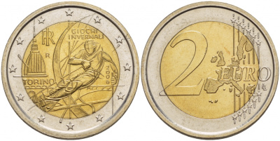 Италия 2 евро 2006 XX зимние Олимпийские игры в Турине 2006 года, лыжник KM 246 биметалл UNC 1094-6-33